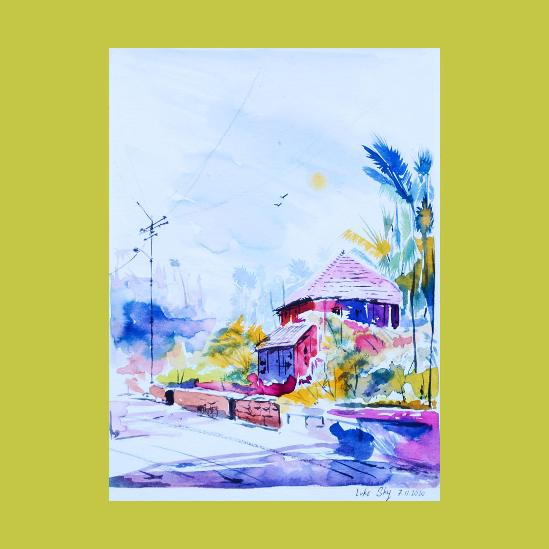 Luke Sky Watercolour painting Asian village with a bike